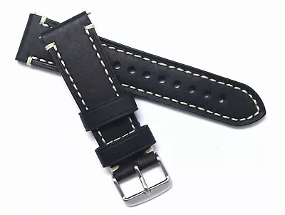 22mm Black/White Genuine Leather Replacement Men Watch Band Silver Tone Buckle • $16.95