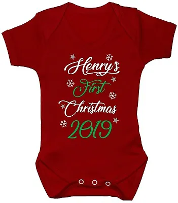 Personalised Name 1st Christmas With Year Baby Grow Bodysuit Romper Xmas Gift • £9.99