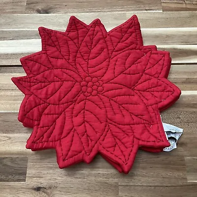 Nicole Miller Holiday Christmas Poinsettia Quilted Placemats Set Of 4 Red 16x16 • $32.99