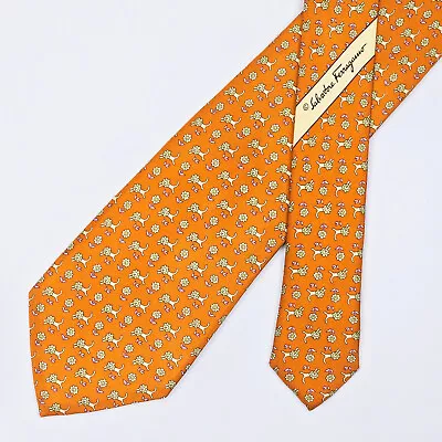 Salvatore Ferragamo Tie Necktie Lion & Floral On Orange • $30