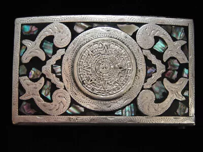 NH03166 VINTAGE 1970s *MAYAN CALENDER* ABALONE SHELL SOUTHWESTERN DESIGN BUCKLE • $40