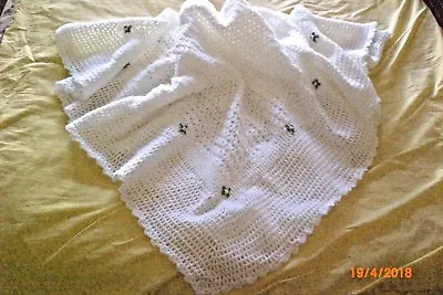 £27.95 • Buy A New White Hand Knitted Baby  Embroidered Crochet Blanket / Shawl