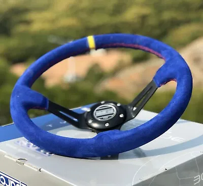 $69.98 • Buy 350mm Blue Suede Leather Deep Dish Racing Steering Wheel Fit For MOMO Hub SPC
