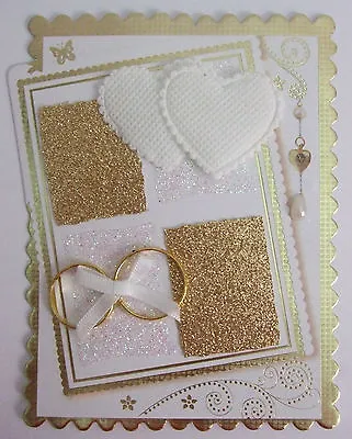 1 X Wedding Card Topper Gold /White/Hearts And Wedding Rings/Hand Made  • £3.45