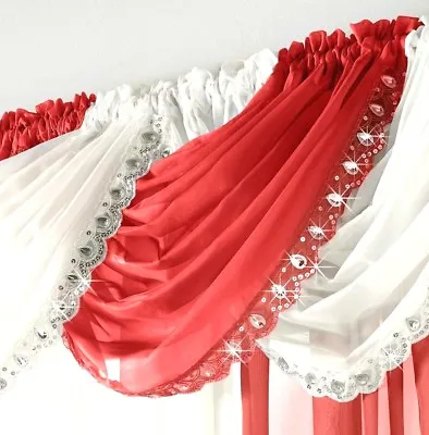 £7.99 • Buy Silver Crystal Sequin Sparkles Jewelled Gems Glitzy Red Voile Net Curtain Swag