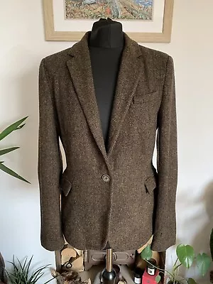 ZARA Brown LAMBSWOOL WOOL Tweed Hacking Jacket - Blazer Elbow Patches Size L • £29.99