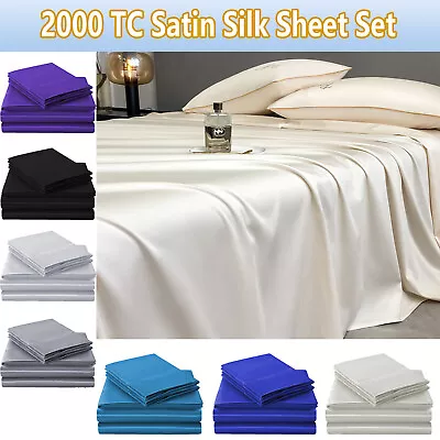 2000TC Satin Sheet Set Silk Bed Fitted Sheet Pillowcase Single/Double/Queen/King • $2.99