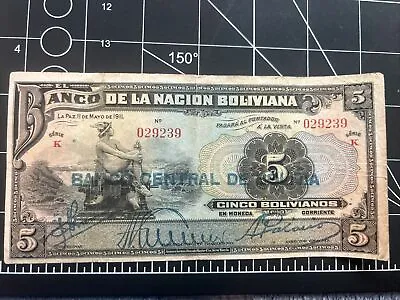 Bolivia 5 Bolivianos 1928 P113 Banco La Nacion Boliviana 0322# Banknote Money • $5