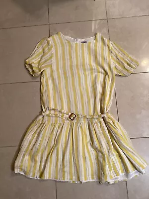 Mayoral Yellow & White Striped Fully Lined Short Sleeve Belted Dress GUC Sz 16 • $13.99