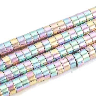 1 Strand Electroplate Synthetic Hematite Beads Flat Round Rainbow Plated 4x2mm • £4.31