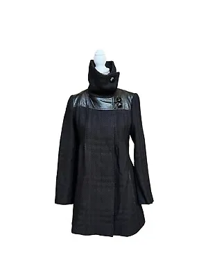 Mackage Womens Black Plaid Tweed Wool Coat Shawl Collar And Leather Trim Small • $70