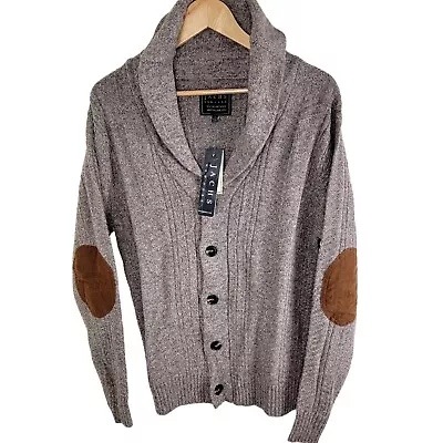 JACHS Mens Merino Wool Fisherman Cardigan Size L Beige Cowl Neck Front Button • $49