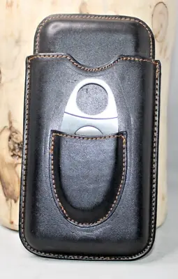 3-finger Black Leather Cigar Case With Silver Stainless Steel Cigar Cutter • $15.85