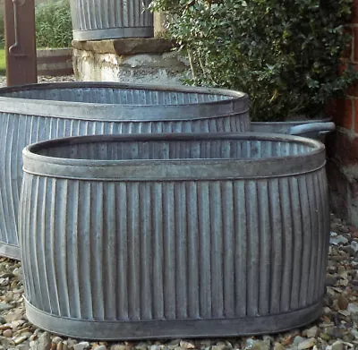 Vintage Style Galvanised Metal Grey Oval Dolly Tub Garden Planter Pot • £52.95