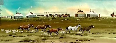 Vtg Mongolian Landscape Watercolor Painting Signed Horses Yerts Livestock 15.5”L • $139.87