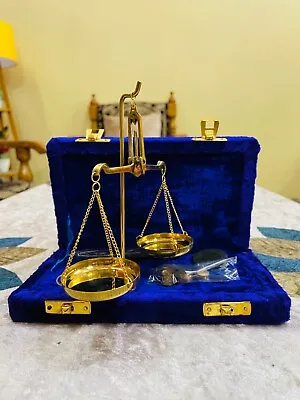 Blue Antique Brass Polished Balance Scale With Velvet Box With Weights Jewelry • $37