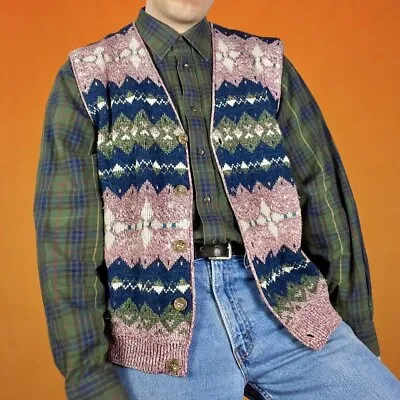 Vintage Funky Knitted Sweater Vest Aztec Nordic Fairisle Grunge Waistcoat 90s • £26