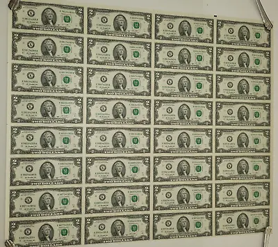 BEP Uncut Sheet Of 32 2013 $2 Two Dollar Federal Reserve Notes Series Dallas Tx • $150