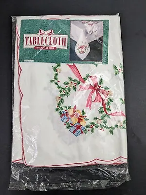 Vintage Christmas Tablecloth W 8 Napkins Embroidered White Cotton 66 X 83 Inch • $45