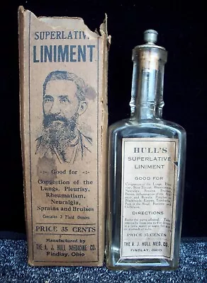 Hull’s Superlative Liniment Labeled Quack Cure Bottle & Box Findlay Ohio • $19.99