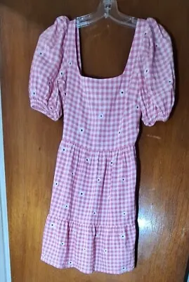 Miss Selfridge Pink/White Gingham Check Cotton Dress Embroidered Daisies Sz 2 • $17
