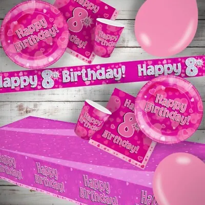 Girls Pink Age 8th Birthday Decorations Banner Bunting Balloons Napkin Tableware • £3.05