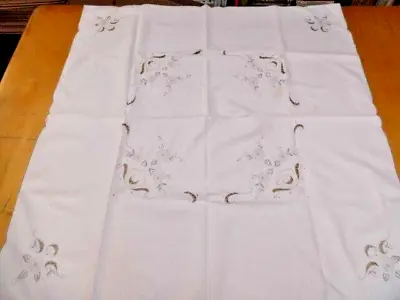 Vintage Cream Cotton Hand Embroidered Table Cloth ~ 34  Square • $17.26