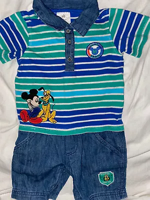 90's Disney  Baby 18-24 Months Denim Short Romper Mountain Trail Mickey Mouse • $14.99