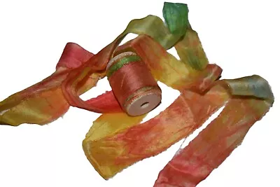 Silk Ribbon Yarn Hand Dyed Orange Green Multi Shade On Spool 5 Yards • $9.50