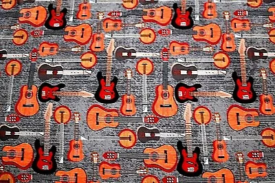 REMNANT*FACE MASKS*GUITARS IN BROWNS/ORANGES 100% COTTON FLANNEL FABRIC 42x29 • £12.53
