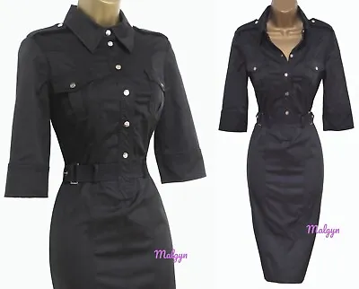 Karen Millen ✩ Classic Black Utility Military Style Belted Shirt Dress ✩ Uk 12 • £79.99