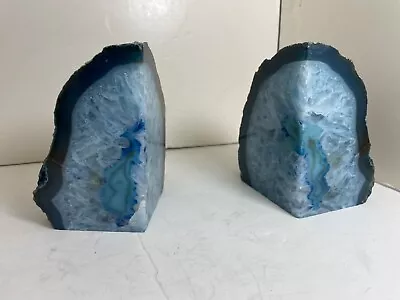 Natural Polished Cut Base Brazilian Blue Agate Crystal Geode Bookends • $8