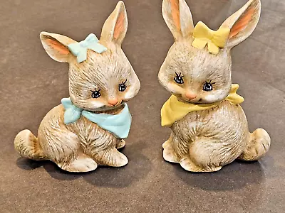 Vintage Set Of 2 Hand Painted Ceramic Easter Bunny Rabbits Figurines • $14.97