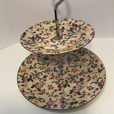 Victoria China Czechoslovakia 2 Tier Cake Plate Floral  11.5” Tall Tidbit Tray • $29.95