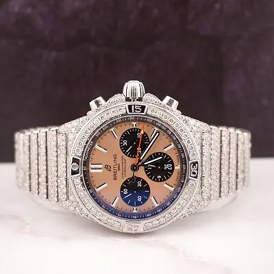 Breitling Chronomat 42mm Copper Dial 22ct Iced Out Diamond Mens Watch AB0134 • $13999
