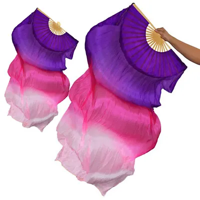 £26.52 • Buy Handmade Silk Belly Dance Fan Veil Dancing Long Hand Fan Purple+Rosy+White
