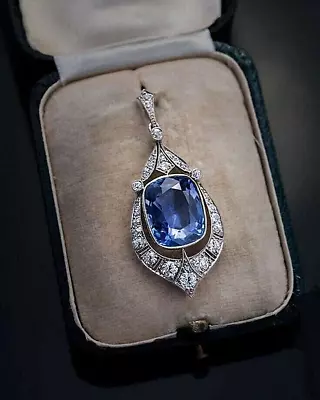 Vintage Art Deco Style 13Ct Blue Sapphire Lab-Created Diamond Pendant 925 Silver • $65.10