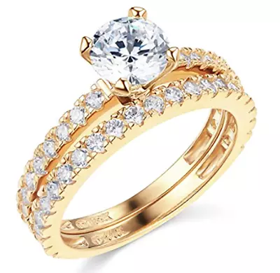 2.85 Ct Round Cut Engagement Wedding Ring Set Real 14K Yellow Gold Matching Band • $451.20