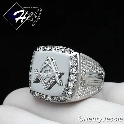 MEN's Stainless Steel Silver Cubic Zirconia MASONIC Square Ring Size 8-13*R107 • $14.99