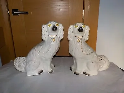 Pair Large Antique Fan Tail Staffordshire Wally Dogs White With Black Noses • £65