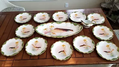 1890's Limoges Porcelain FISH SERVICE 14 Piece Set Signed LS&S Limoges France • £855.14