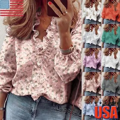 $16.14 • Buy Women V Neck Ruffle Frill Shirt Blouse Ladies Long Sleeve OL Work Casual Tops