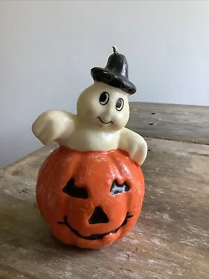 Vintage Wax Halloween Candle Ghost In Jack-O’-Lantern Witch Hat • $7.90
