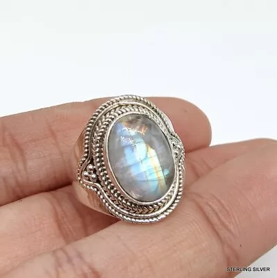 Natural Rainbow Moonstone 925 Solid Sterling Silver Ring All Size Available • $14.23