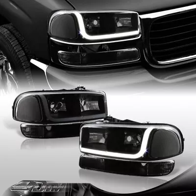 For 1999-2006 GMC Sierra 1500 2500 DRL LED Black/Smoke Headlights+Bumper Lamps • $128.88