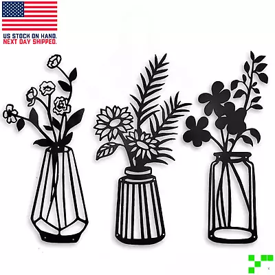 3 PIECE SET Metal Flower Vase Wall Art Black Silhouette Hanging Sculpture 14.5  • $12.95