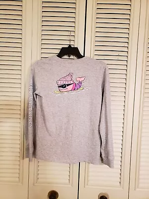 Vineyard Vines Girls Snowboard Whale Long-Sleeve Gray Pocket Tee Shirt Sz  L(14) • $14.99