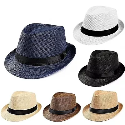 Men Women Summer Straw Fedora Hat Trilby Cuban Sun Cap Panama Short Brim Floral • $12.99