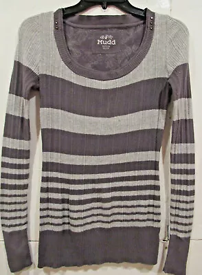 Womens Long Sleeve Sweater M Striped Gray Shades Round Crew Style Collar By Mudd • $32