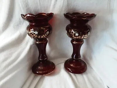 Antique Ruby Red Cranberry Pair Mantle Lusters Gold Gilt Flowers 13  • $155